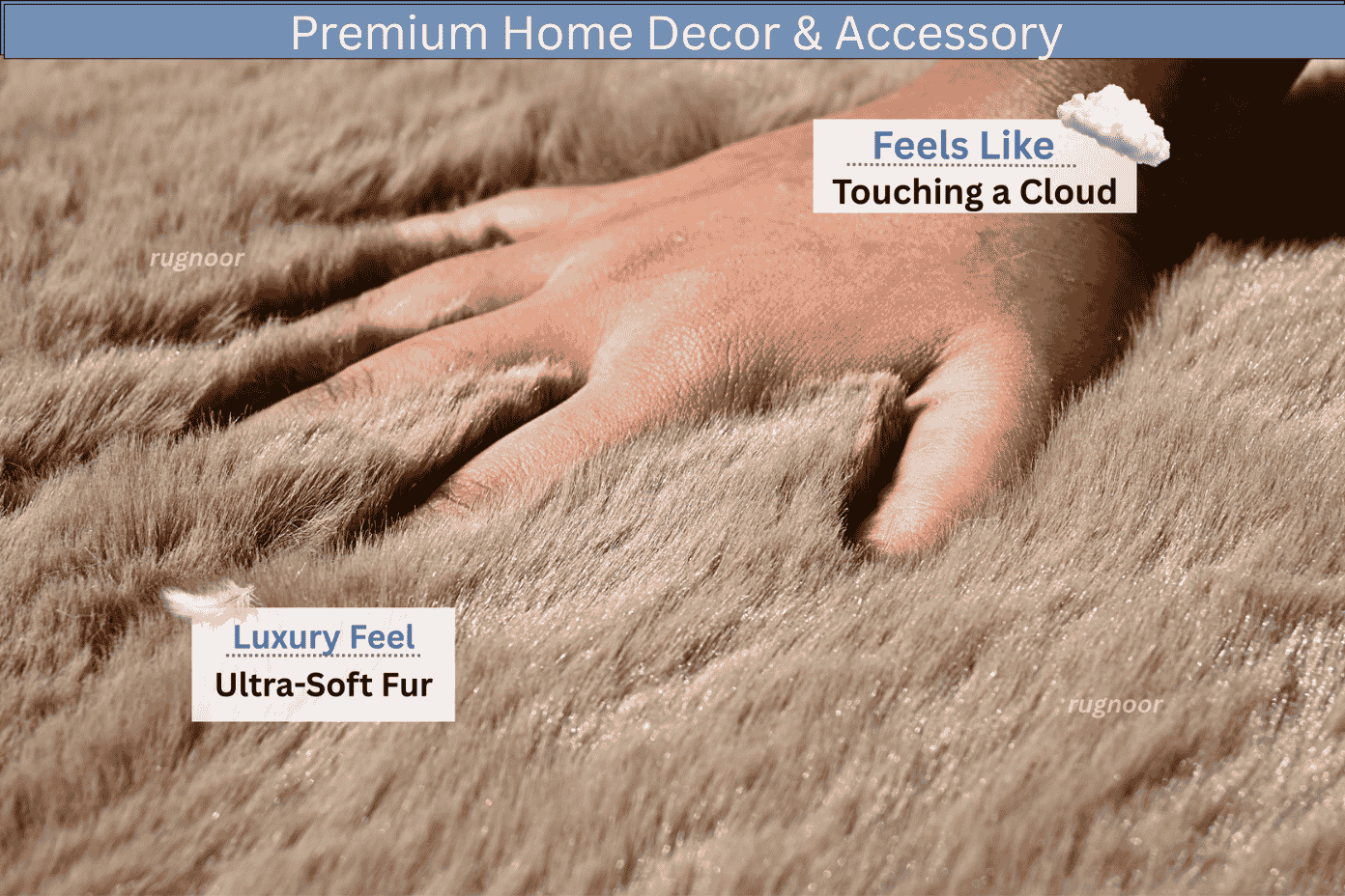 Close-up of a hand pressing into a taupe faux fur rug, highlighting its ultra-soft texture and luxurious comfort.