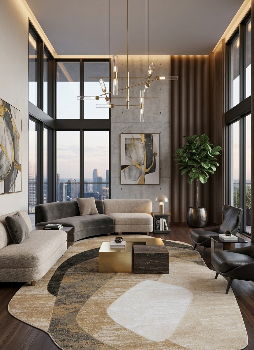 A modern living room interior with a large abstract area rug in beige, cream, and brown tones, styled with a curved sectional sofa, black leather chairs, a gold chandelier, and large windows overlooking a city skyline.