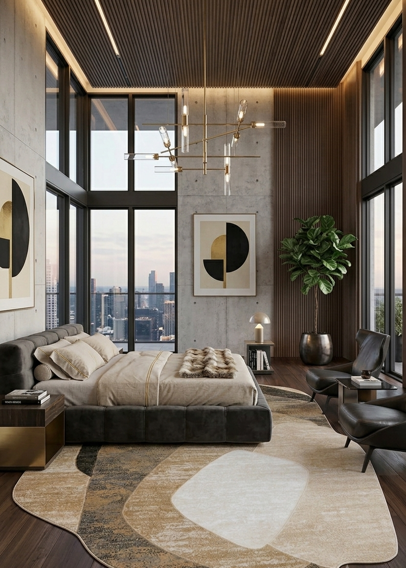 A modern bedroom interior with a low platform bed, beige bedding, a large abstract area rug, dark wood flooring, concrete walls, tall windows, and a potted plant.