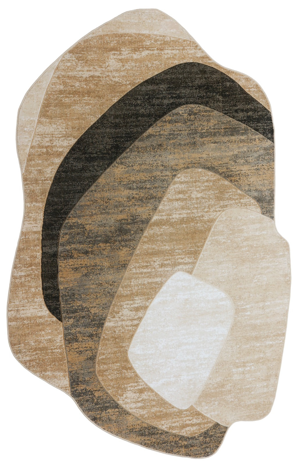 An abstract area rug with layered organic shapes in beige, brown, charcoal, and off-white, featuring a subtle textured pattern.
