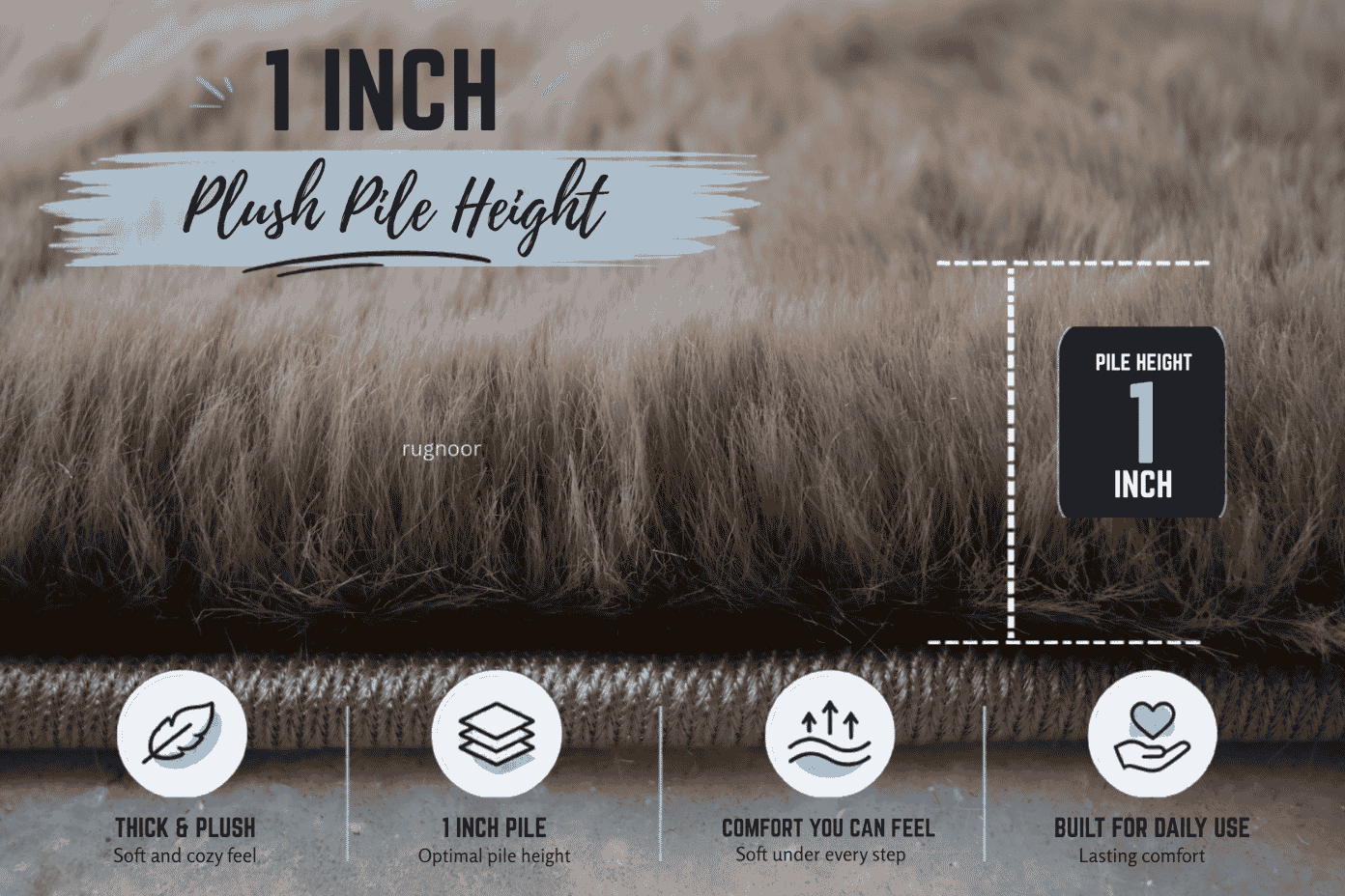 Close-up of a taupe faux fur rug showcasing a 1-inch plush pile height for soft comfort and everyday durability.