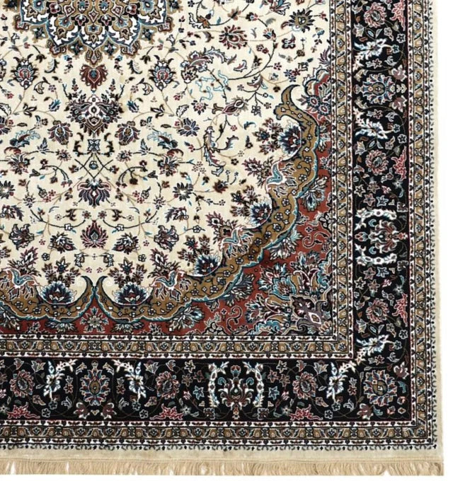 Toranj Royal Medallion Rug detail showing the cream floral field, rust corner motif and black ornamental border
