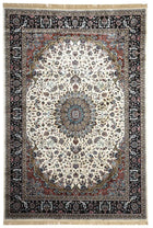 Toranj Royal Medallion Rug with cream floral field, ornate central medallion, black floral border and fringe