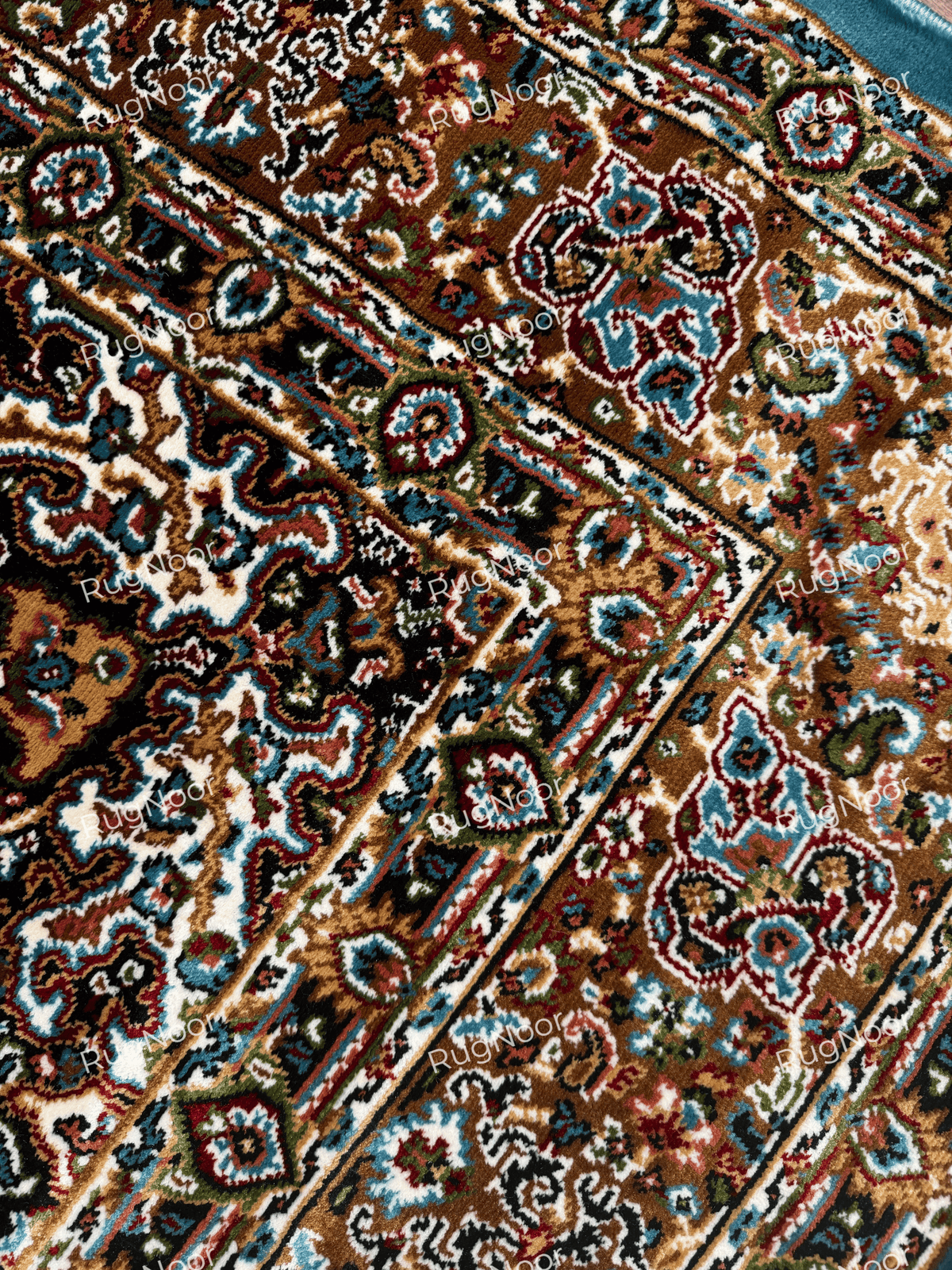 Close-up of burgundy and brown floral borders with turquoise, cream and gold accents - Zukhruf RugNoor