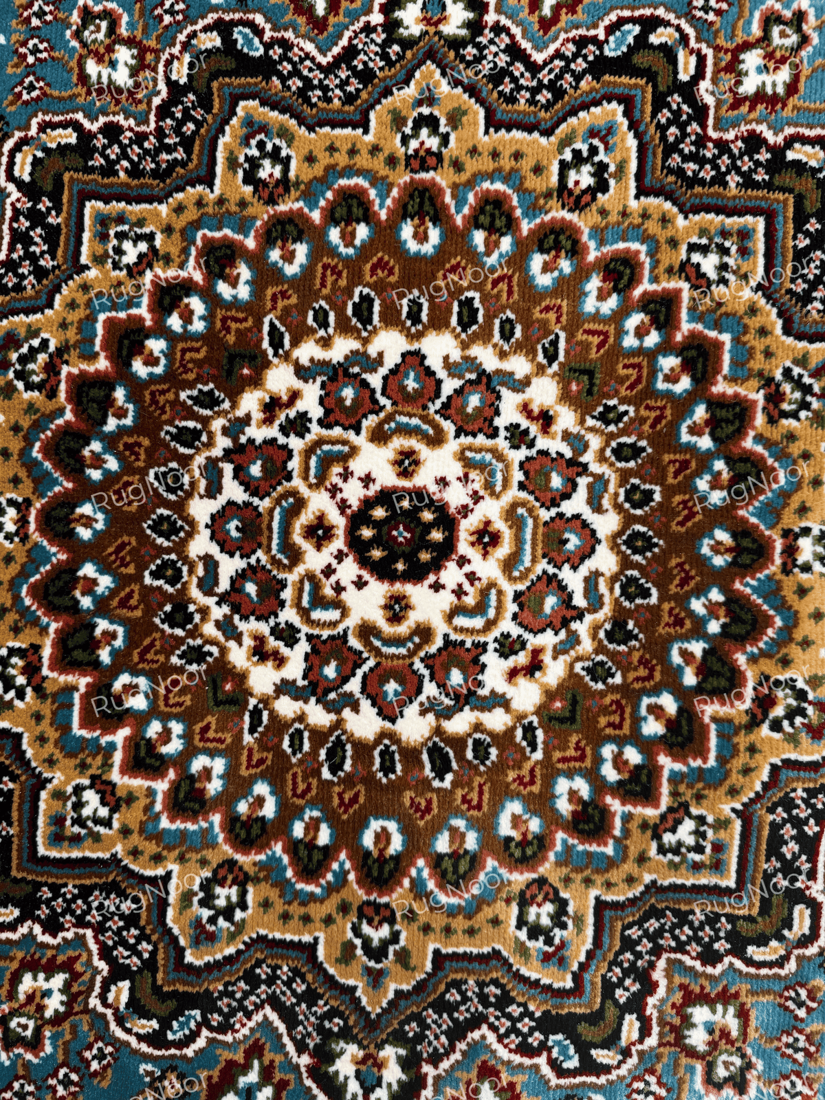 Detailed view of cream, gold, burgundy and turquoise motifs in the rug's central medallion - Zukhruf RugNoor