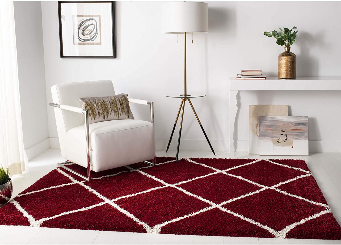 Red Ivory Diamond Trellis Microfiber Shaggy Rug