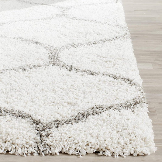 Ivory Grey Ogee Trellis Microfiber Shaggy Rug