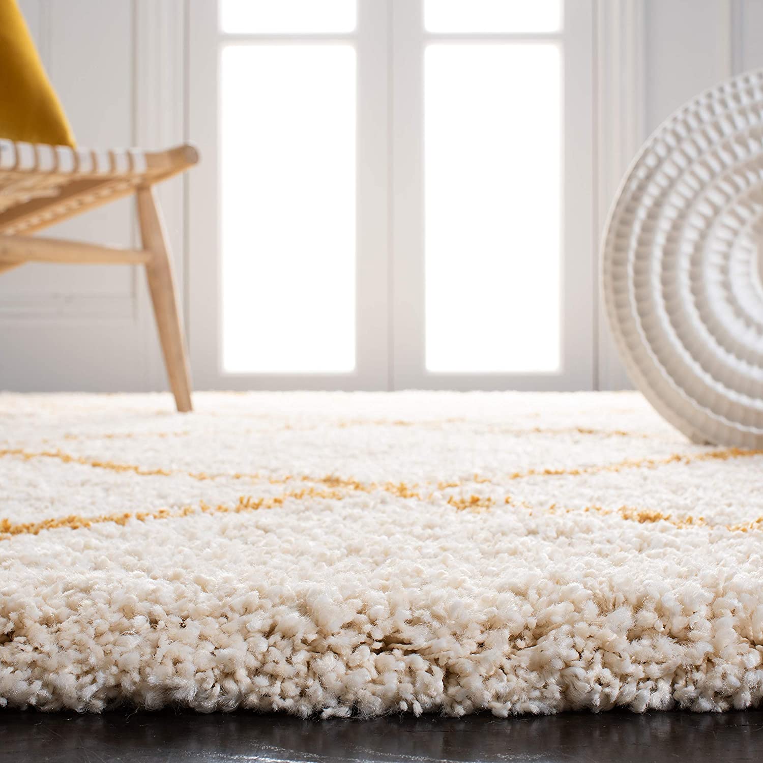 Ivory Yellow Diamond Trellis Microfiber Shaggy Rug