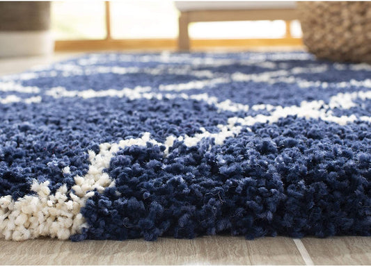 Blue Ivory Moroccan Trellis Microfiber Shaggy Rug