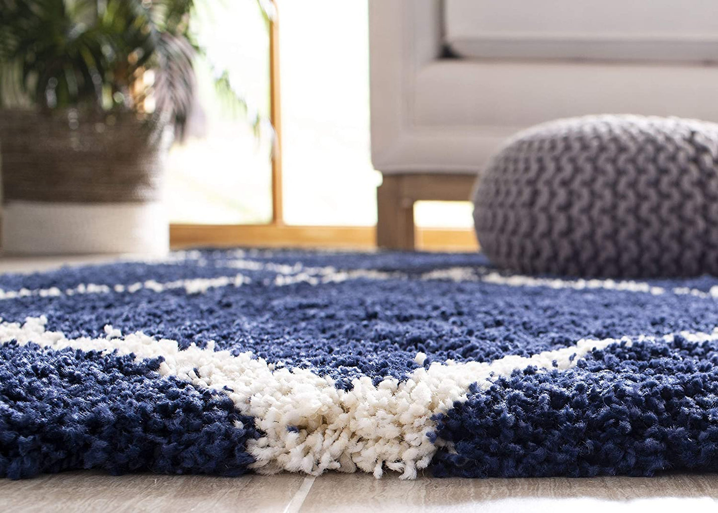 Blue Ivory Diamond Trellis Microfiber Shaggy Rug