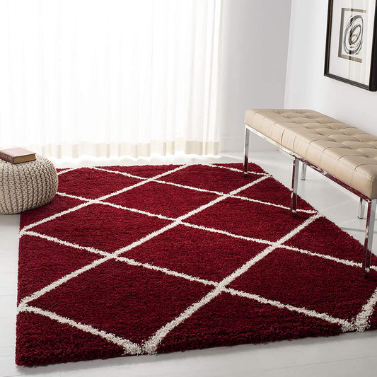 Red Ivory Diamond Trellis Microfiber Shaggy Rug