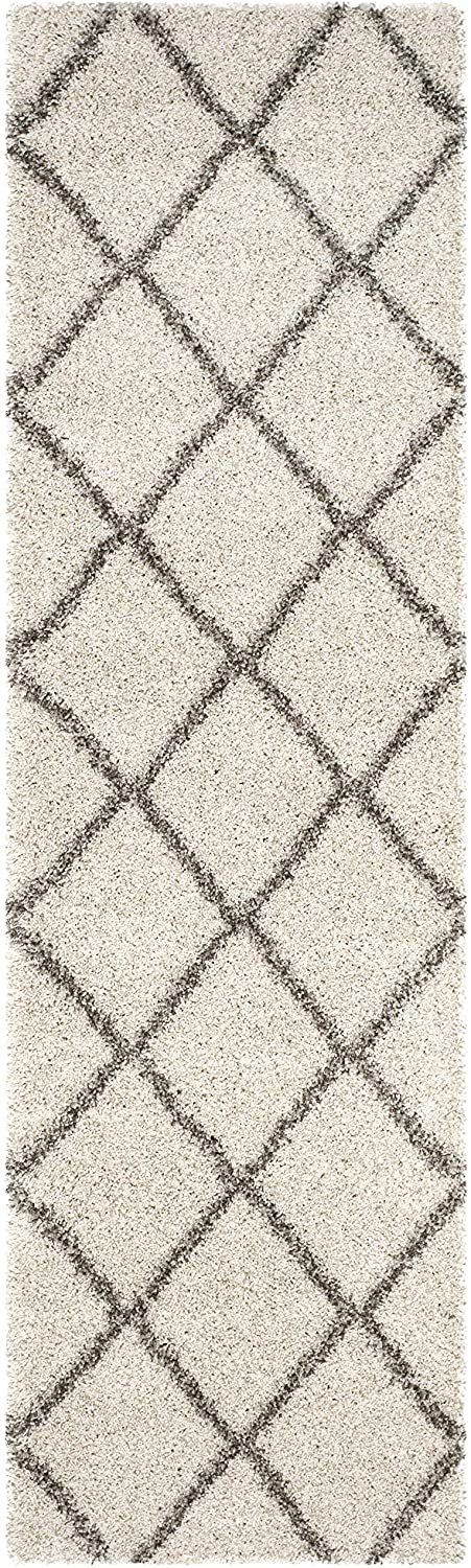 Ivory Grey Diamond Trellis Microfiber Shaggy Rug