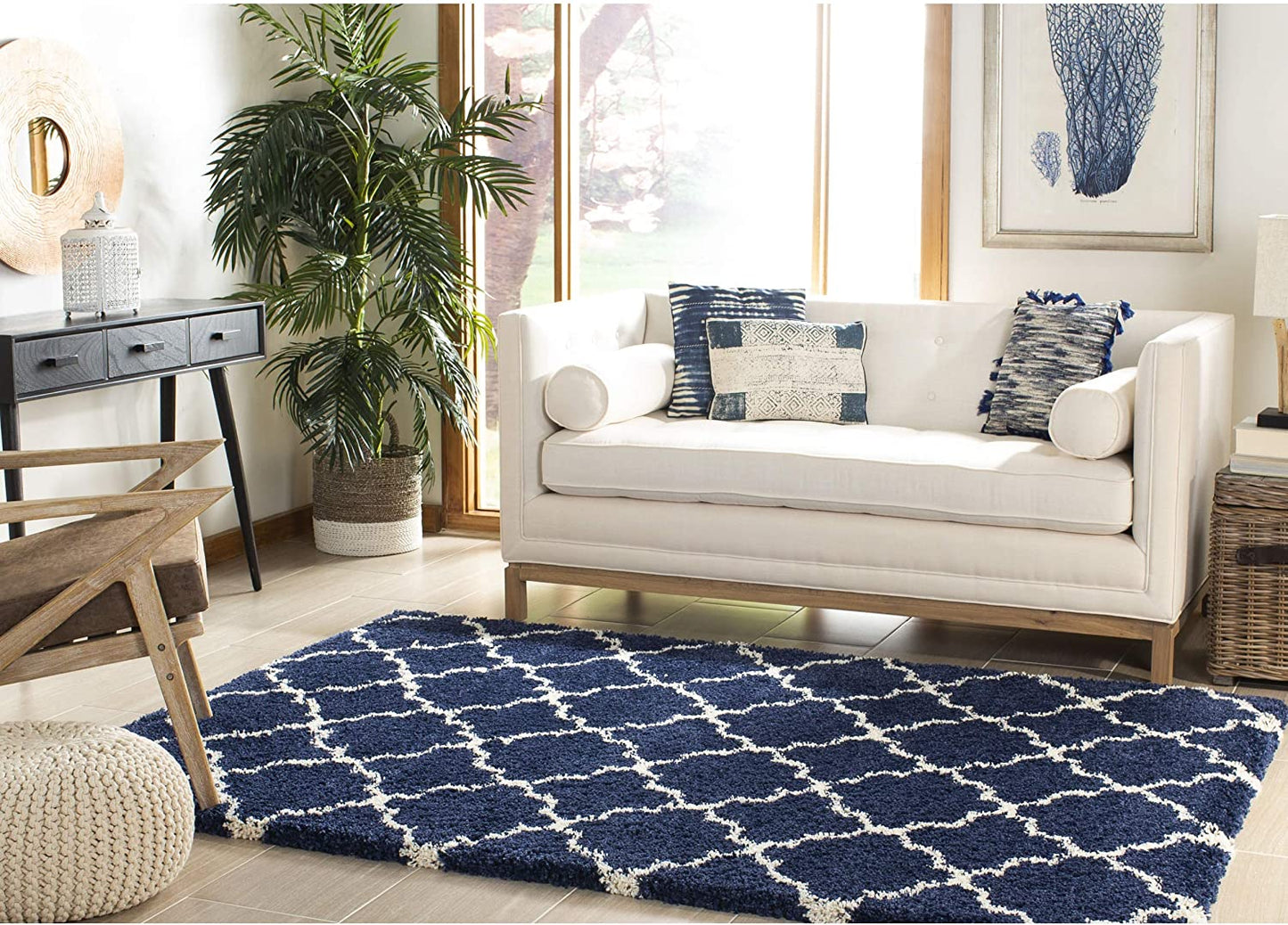 Blue Ivory Moroccan Trellis Microfiber Shaggy Rug