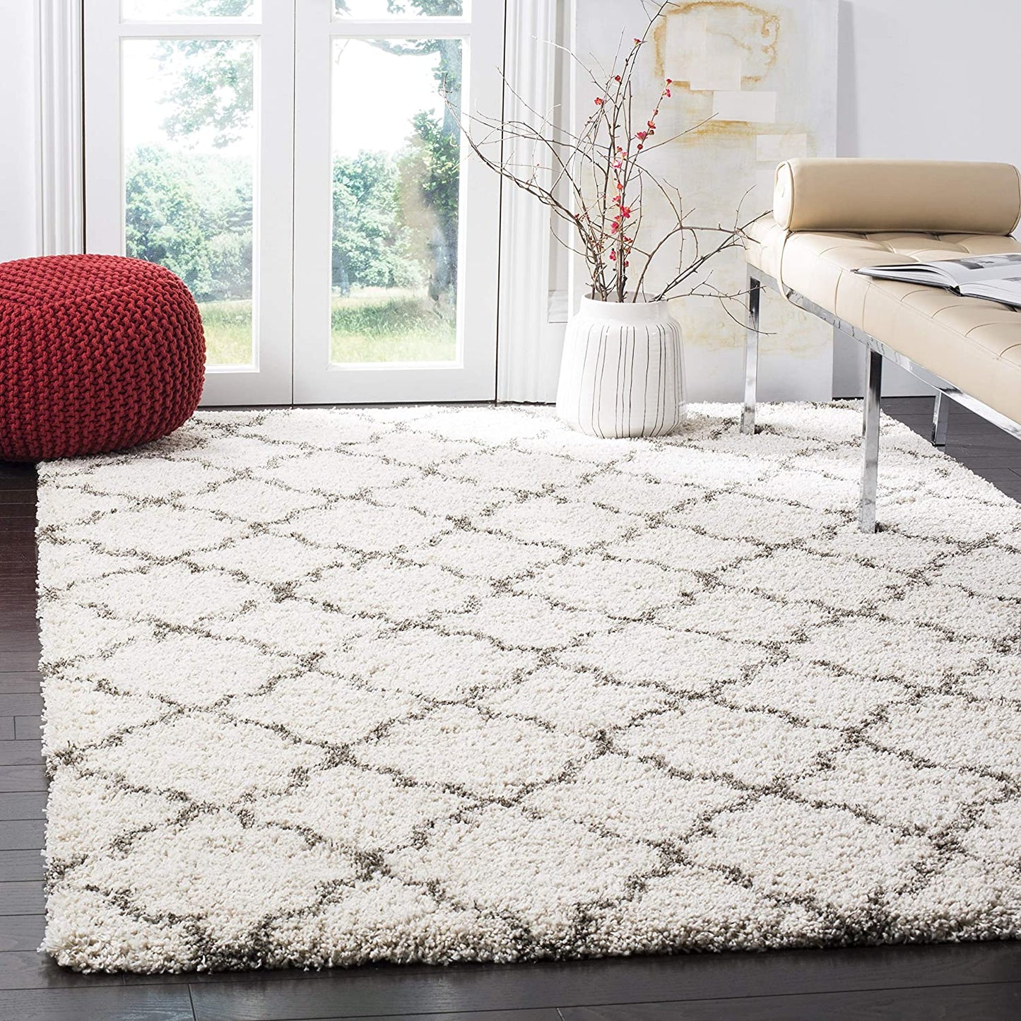 Ivory Grey Moroccan Trellis Microfiber Shaggy Rug