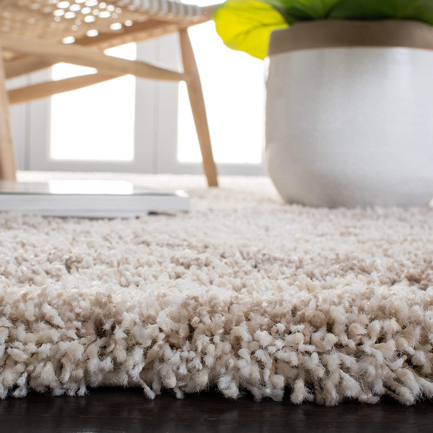 Ivory Beige Diamond Trellis Microfiber Shaggy Rug