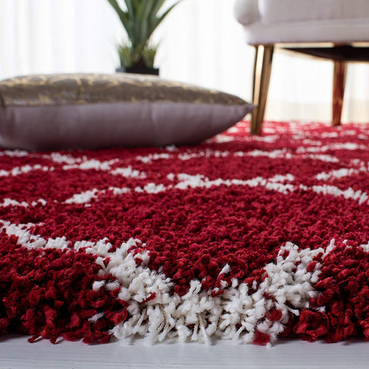 Red Ivory Moroccan Trellis Microfiber Shaggy Rug