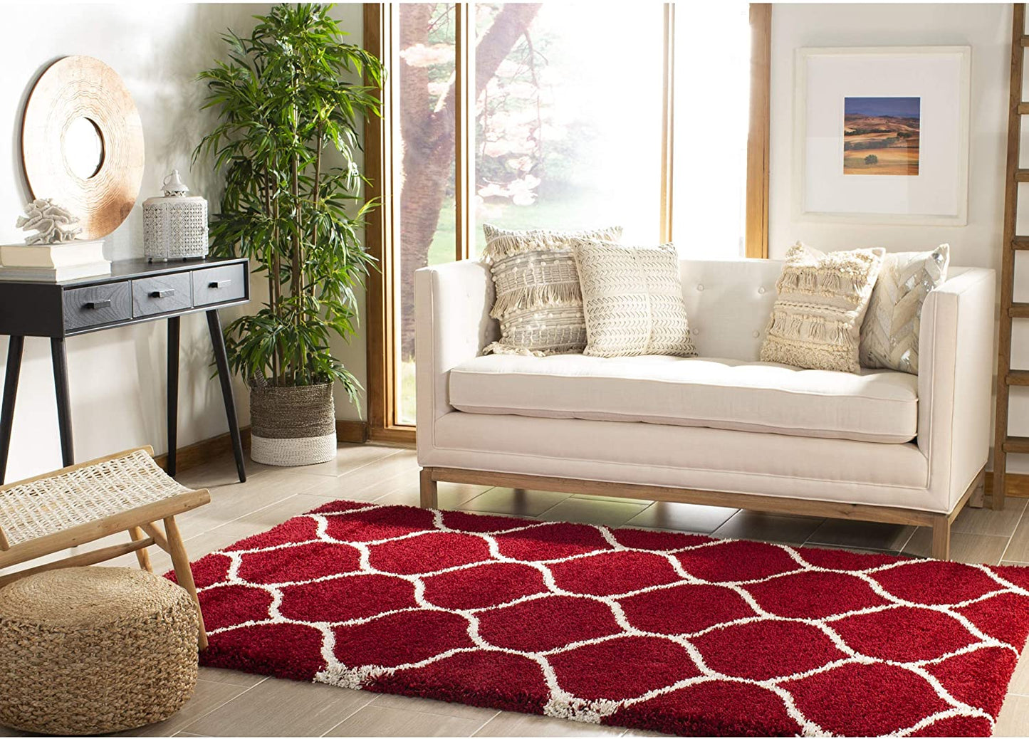 Red Ivory Ogee Trellis Microfiber Shaggy Rug