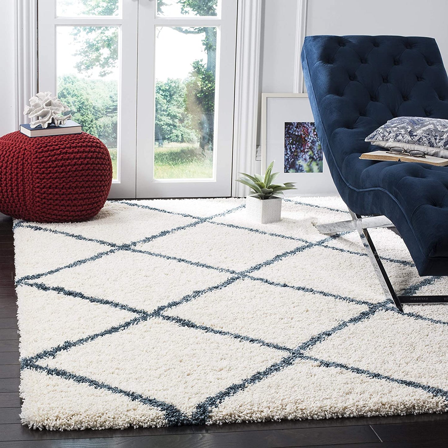 Ivory Blue Diamond Trellis Microfiber Shaggy Rug