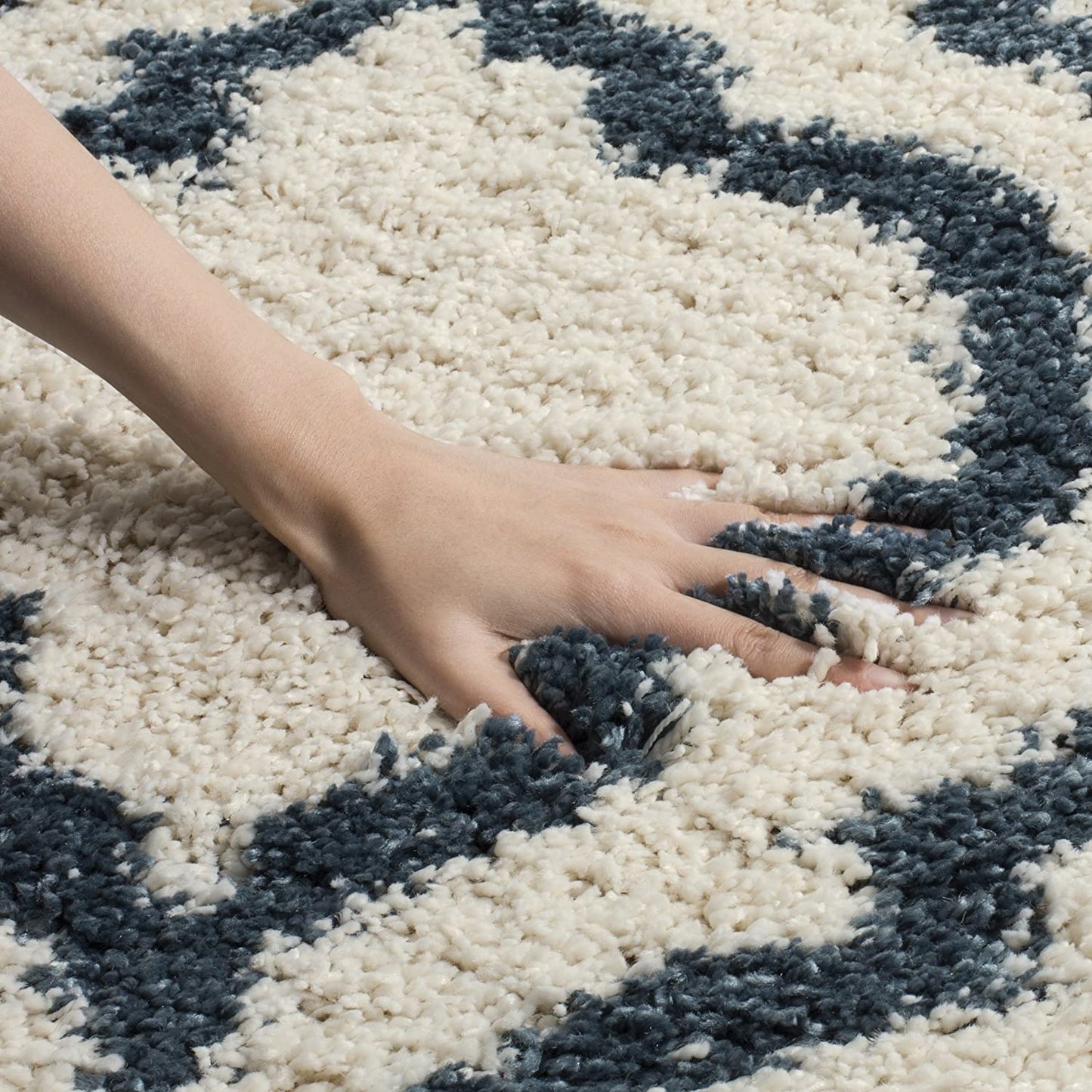 Ivory Blue Moroccan Microfiber Shaggy Rug