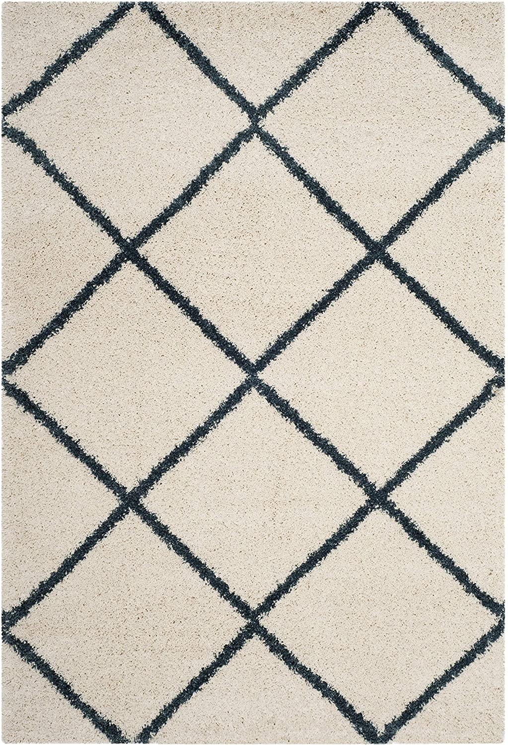 Ivory Blue Diamond Trellis Microfiber Shaggy Rug