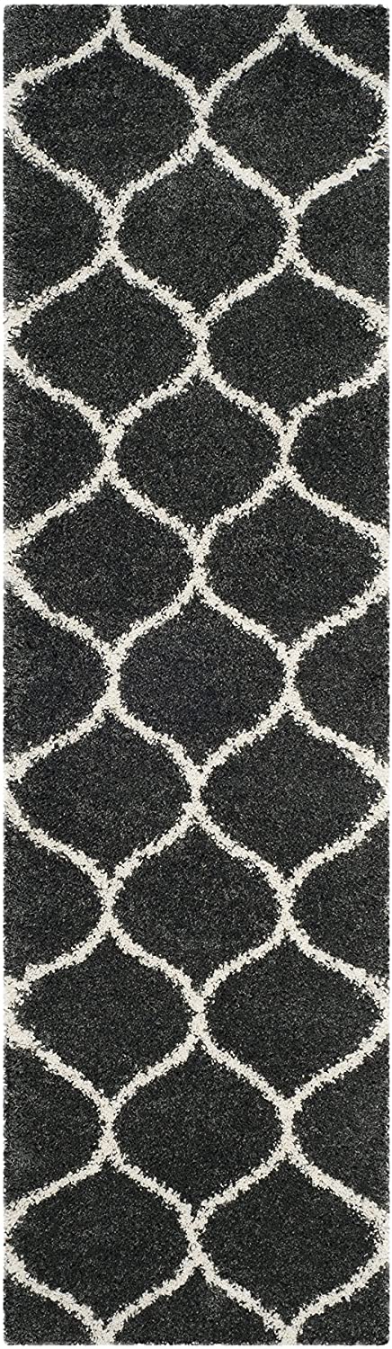 Dark Grey Ivory Ogee Trellis Microfiber Shaggy Rug