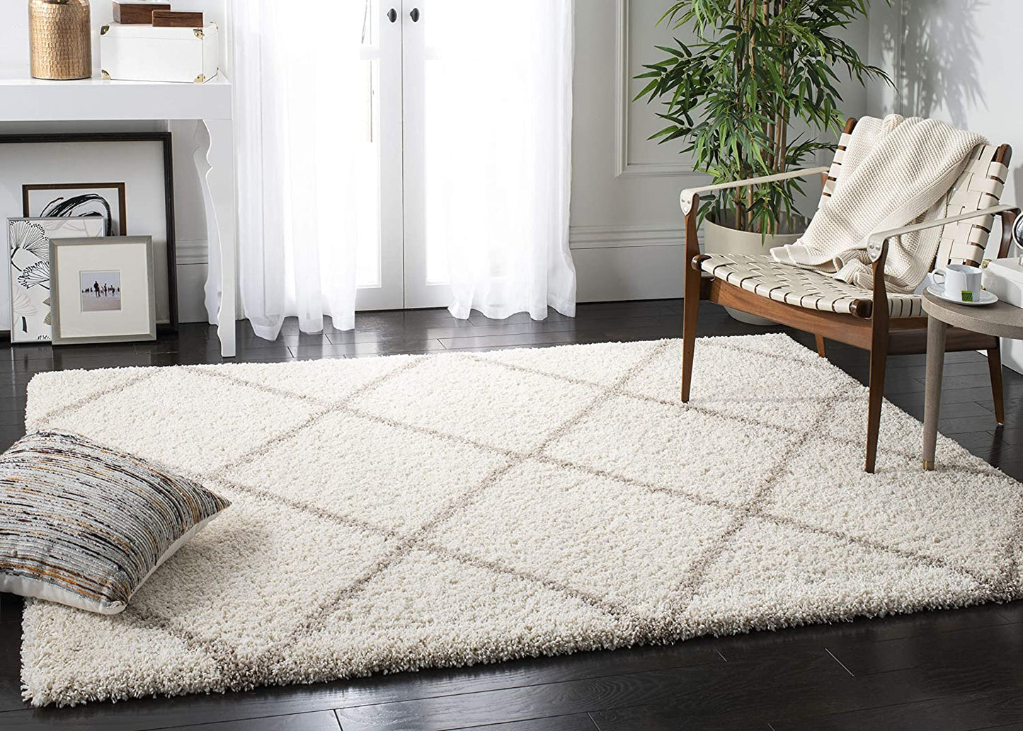 Ivory Beige Diamond Trellis Microfiber Shaggy Rug