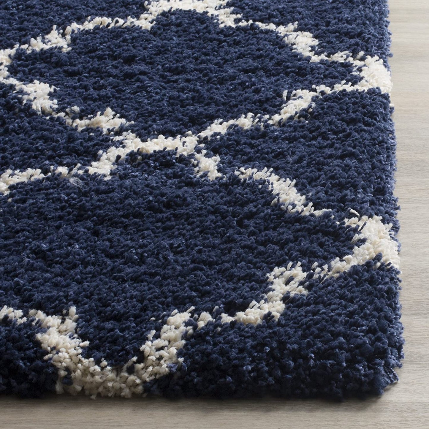 Blue Ivory Moroccan Trellis Microfiber Shaggy Rug