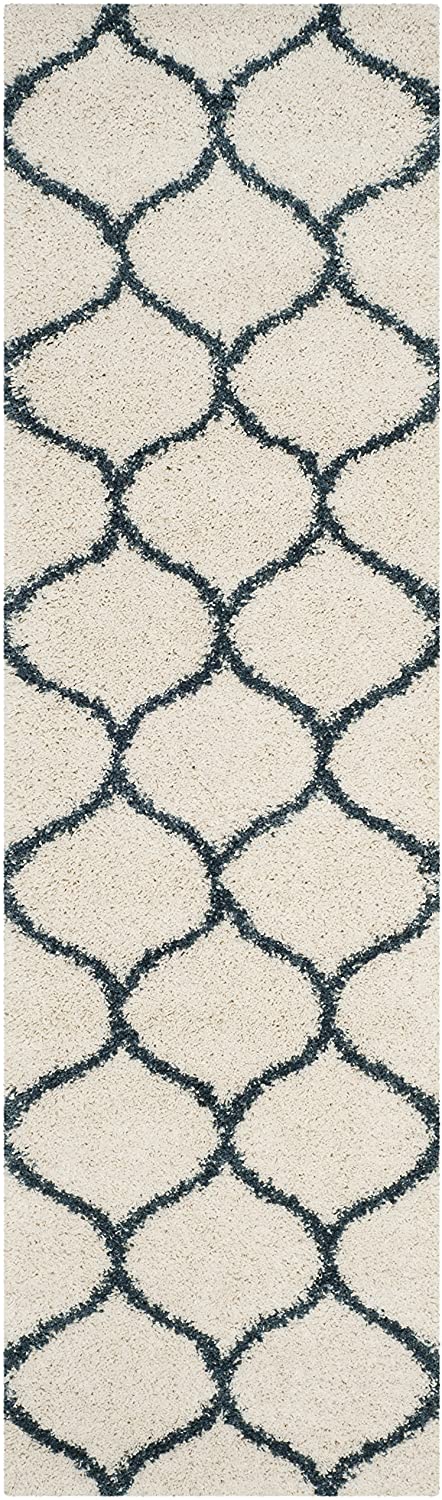 Ivory Blue Ogee Trellis Microfiber Shaggy Rug