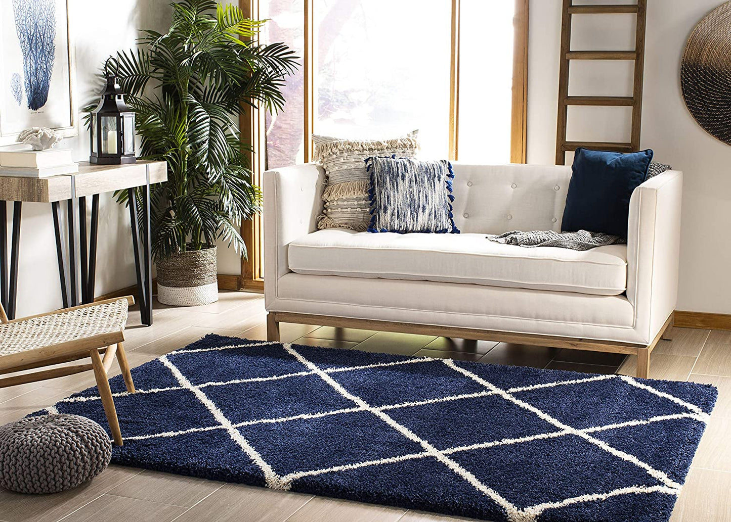 Blue Ivory Diamond Trellis Microfiber Shaggy Rug