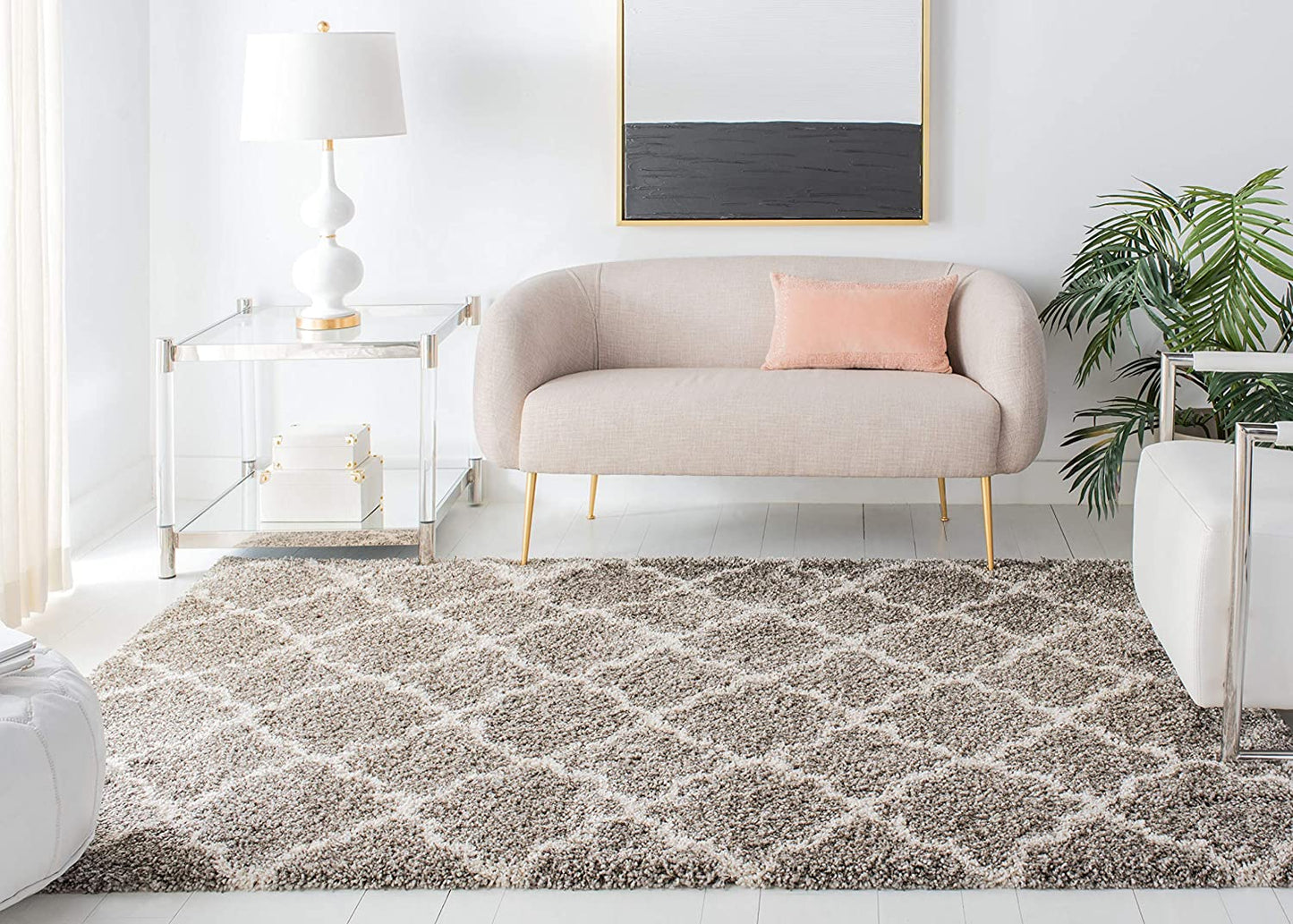 Grey Ivory Moroccan Trellis Microfiber Shaggy Rug