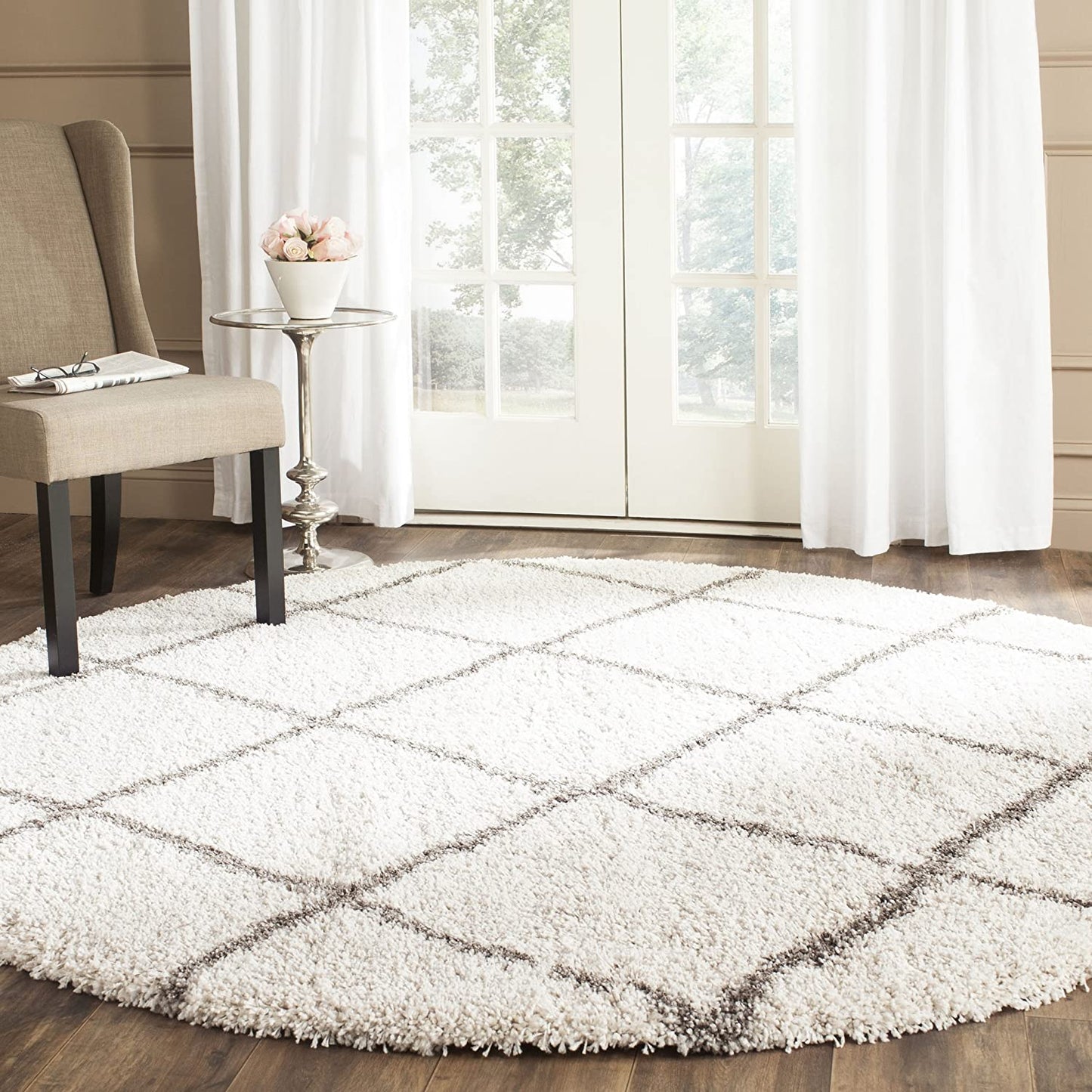 Ivory Grey Diamond Trellis Microfiber Shaggy Rug