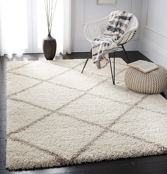 Ivory Beige Diamond Trellis Microfiber Shaggy Rug