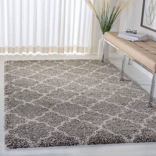 Grey Ivory Moroccan Trellis Microfiber Shaggy Rug