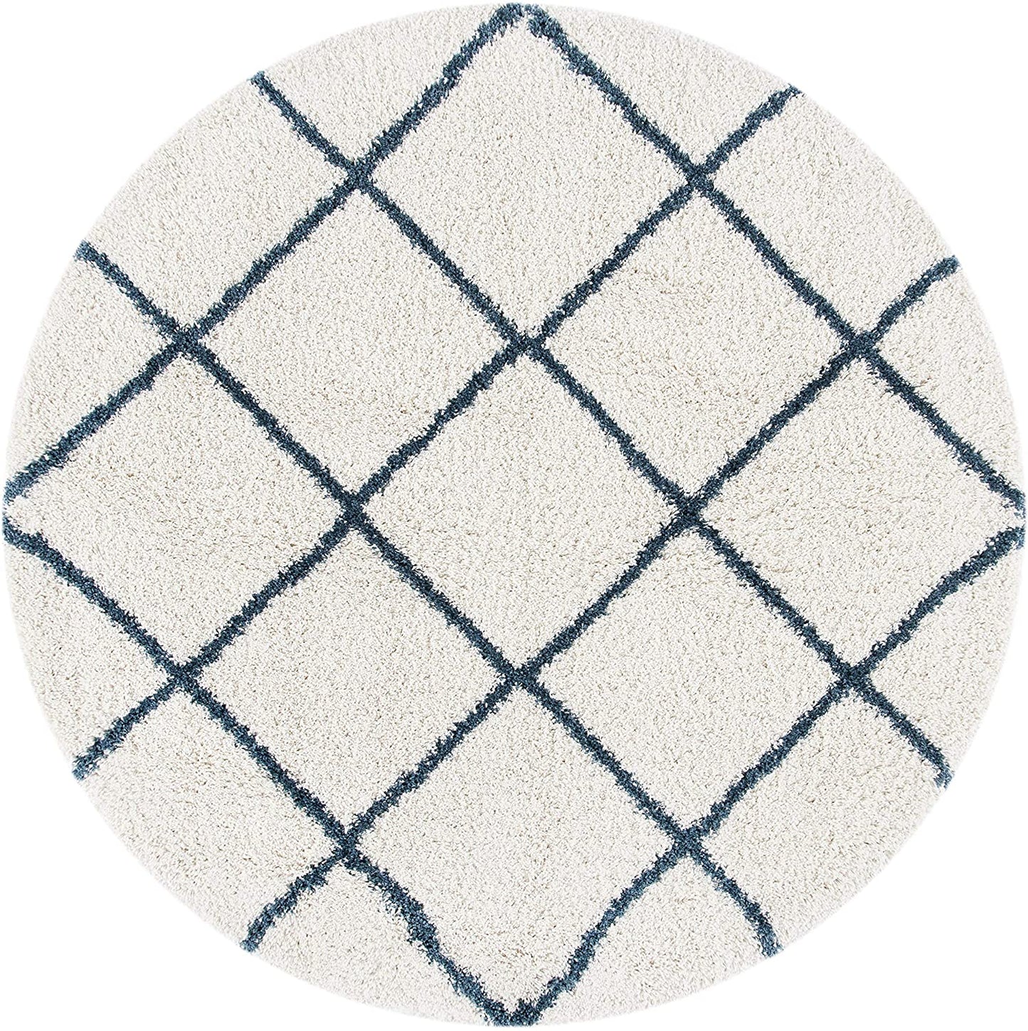 Ivory Blue Diamond Trellis Microfiber Shaggy Rug