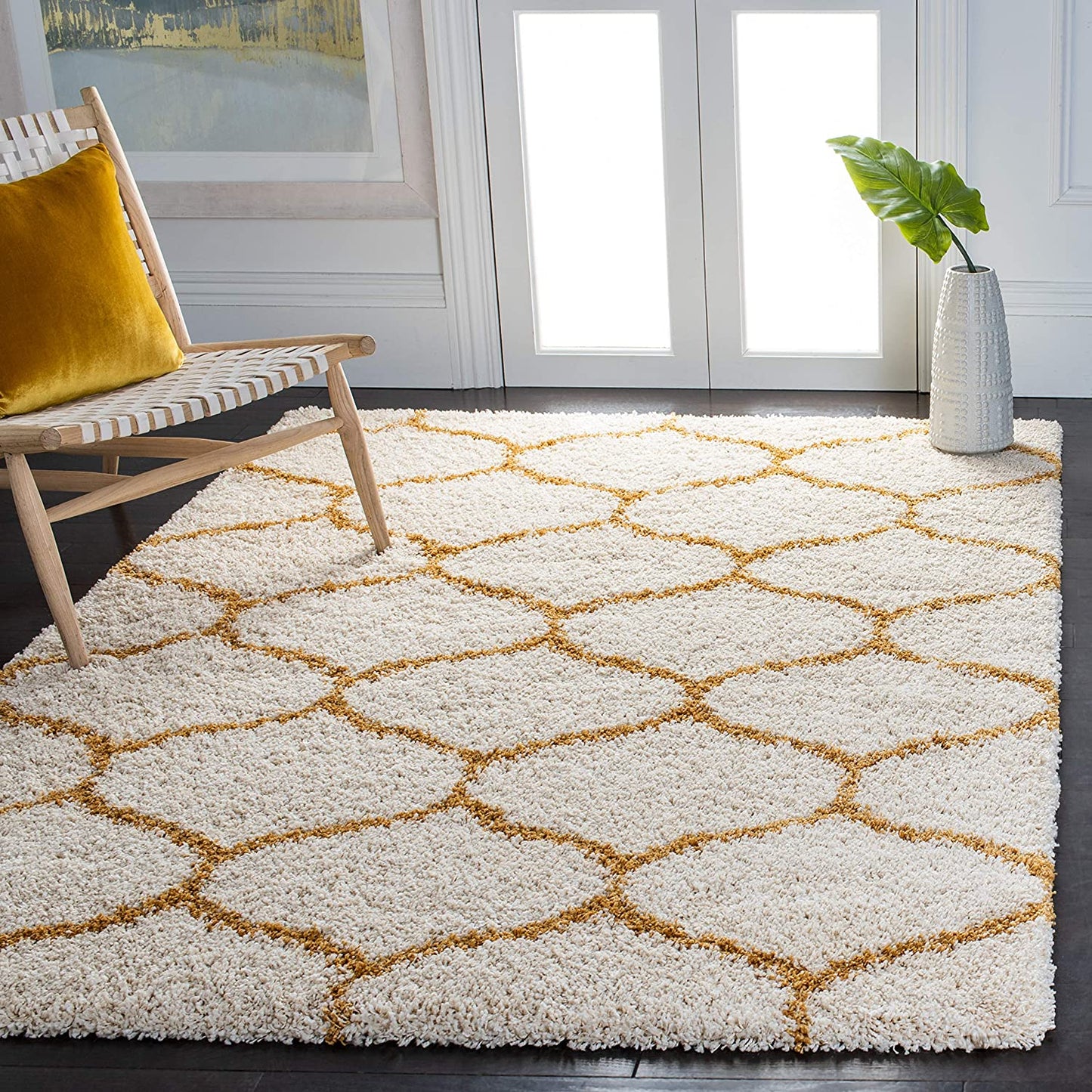 Ivory Yellow Ogee Trellis Microfiber Shaggy Rug