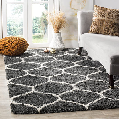 Dark Grey Ivory Ogee Trellis Microfiber Shaggy Rug