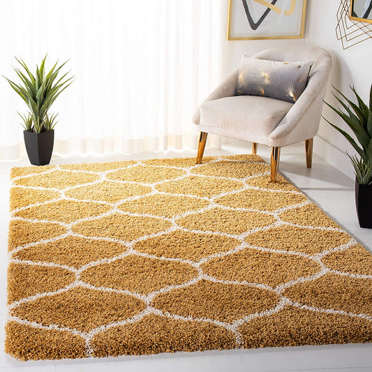 Yellow Ivory Ogee Trellis Microfiber Shaggy Rug