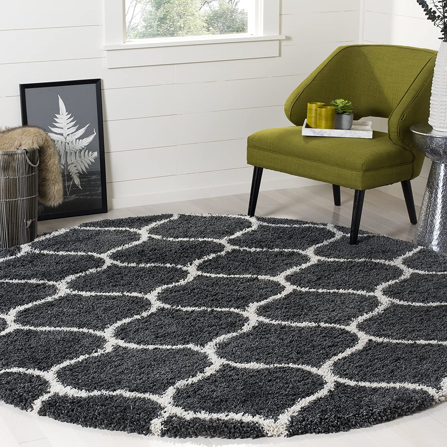 Dark Grey Ivory Ogee Trellis Microfiber Shaggy Rug