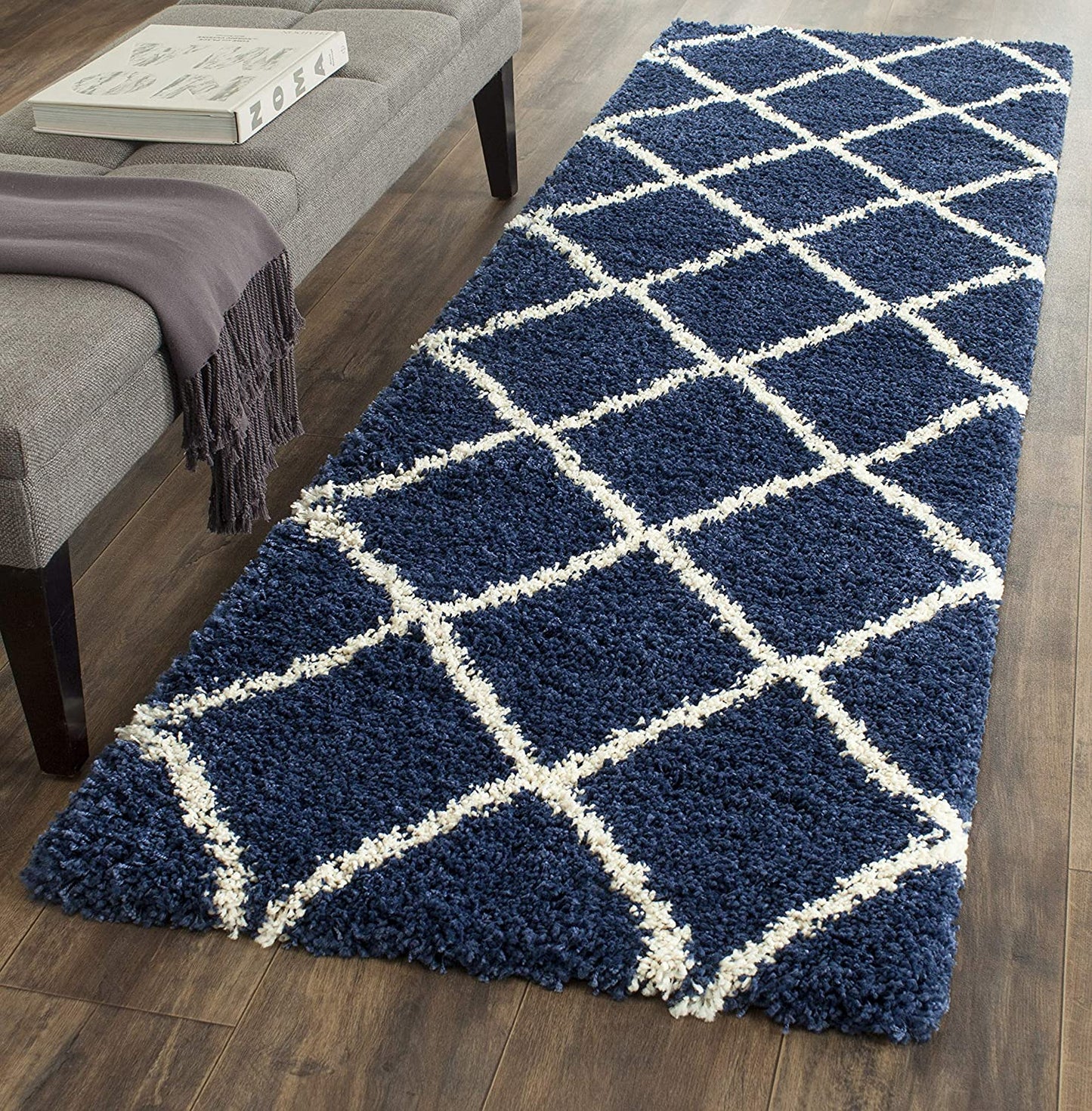 Blue Ivory Diamond Trellis Microfiber Shaggy Rug