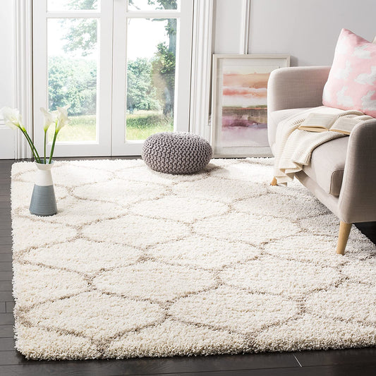 Ivory Beige Ogee Trellis Microfiber Shaggy Rug