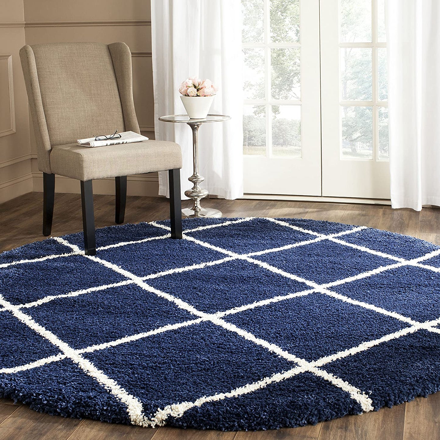 Blue Ivory Diamond Trellis Microfiber Shaggy Rug