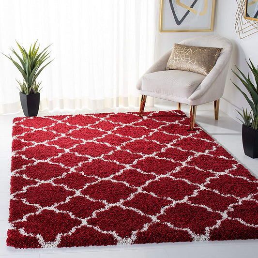 Red Ivory Moroccan Trellis Microfiber Shaggy Rug