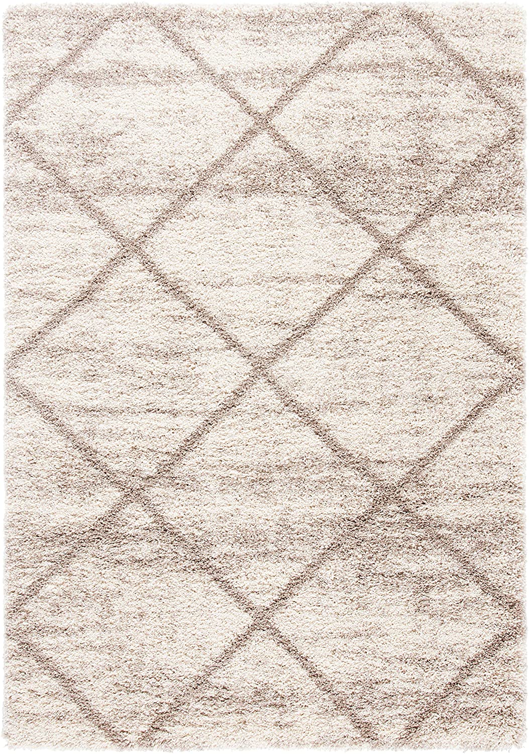 Ivory Beige Diamond Trellis Microfiber Shaggy Rug