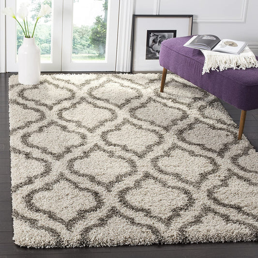 Grey Ivory Moroccan Microfiber Shaggy Rug