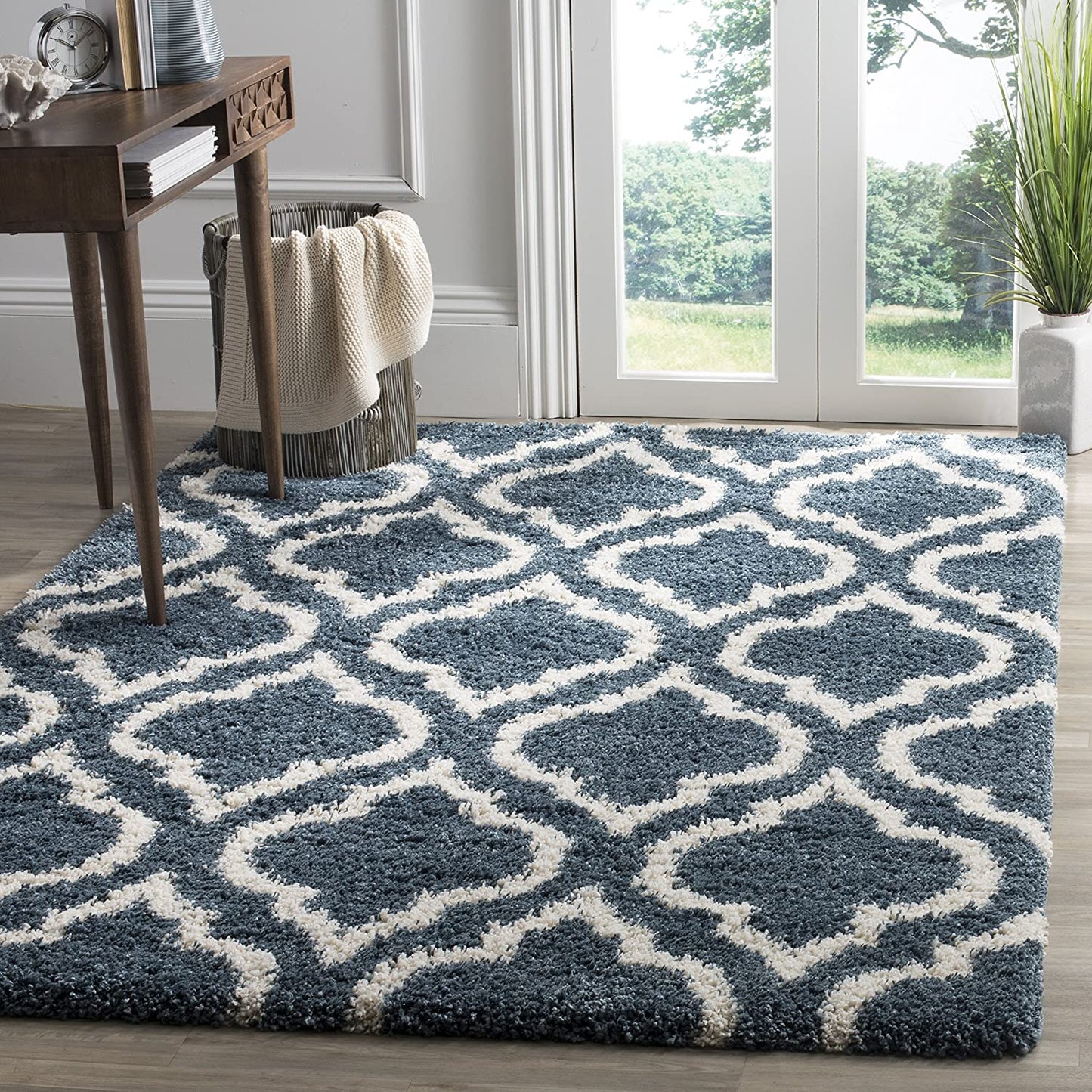 Blue Ivory Moroccan Microfiber Shaggy Rug