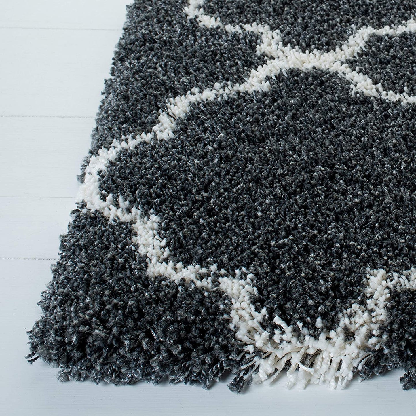 Dark Grey Ivory Moroccan Trellis Microfiber Shaggy Rug