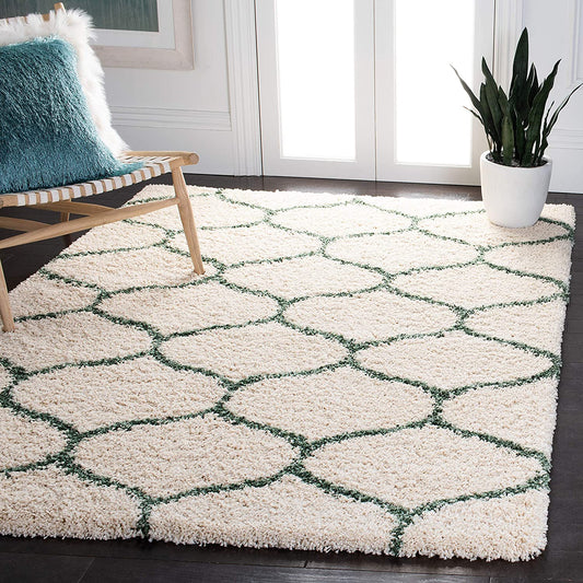 Ivory Green Ogee Trellis Microfiber Shaggy Rug