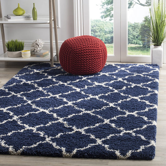 Blue Ivory Moroccan Trellis Microfiber Shaggy Rug