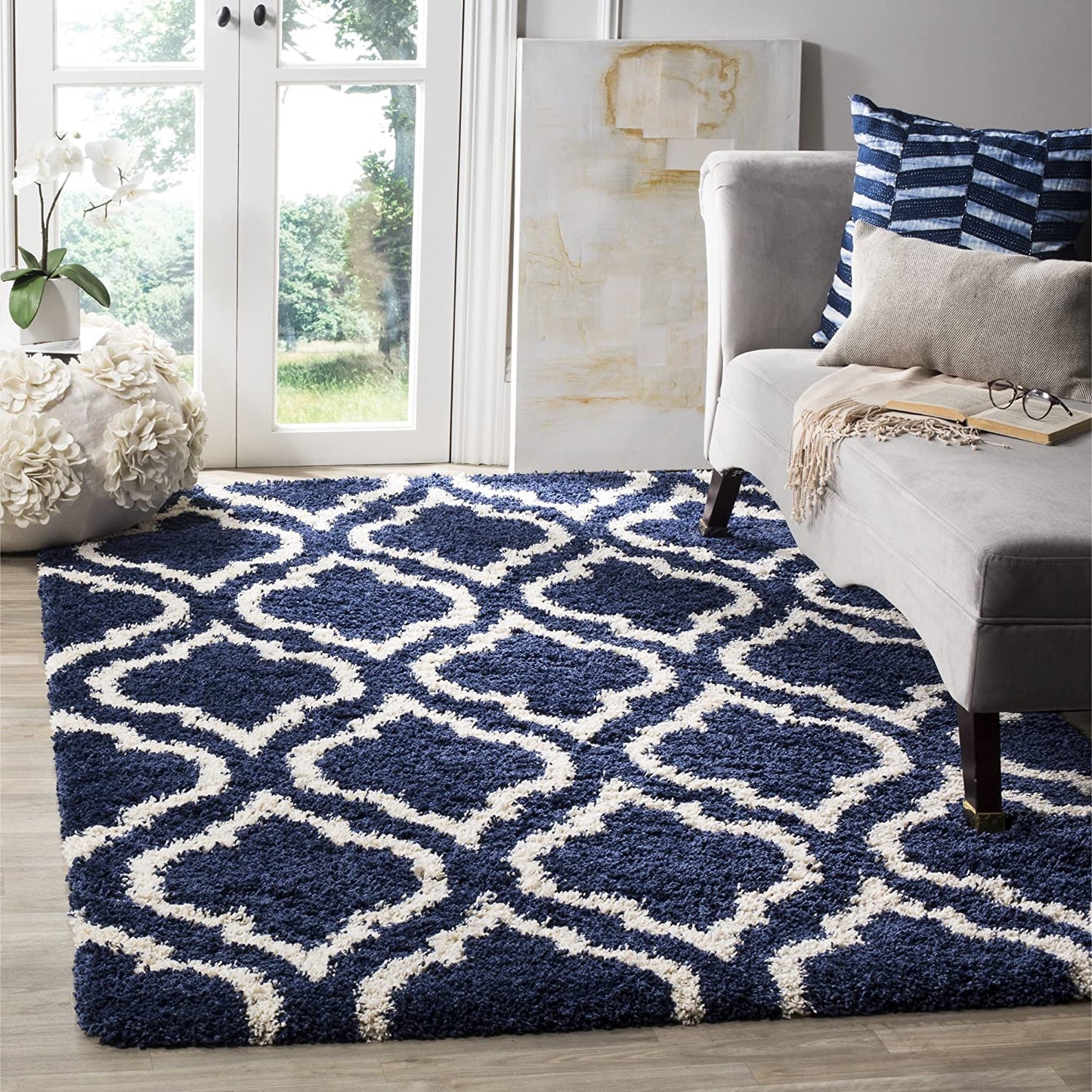 Blue Ivory Moroccan  Microfiber Shaggy Rug