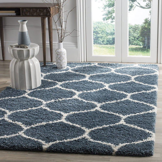 Blue Ivory Ogee Trellis Microfiber Shaggy Rug